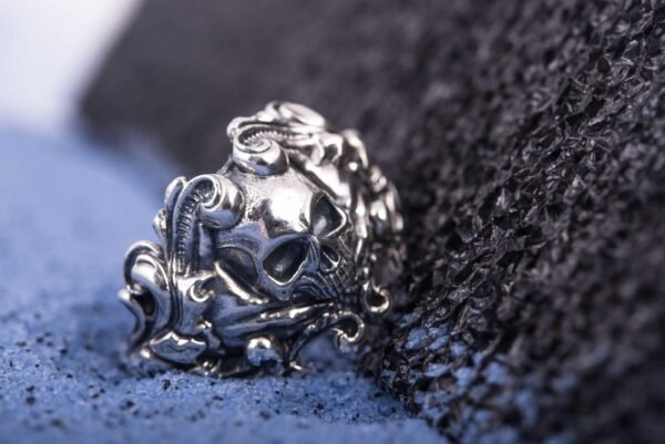 Solid Silver Skull Ring, Biker Ring, Gift for Biker, Skull Jewelry, Brutal Biker Ring, Leaves and Skull Ring, Unique Handmade Jewelry