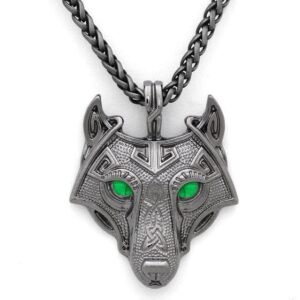 Pendants & Necklaces Green Eyes / Silver Norse Eye Colored Wolf Pendant Necklace Ancient Treasures Ancientreasures Viking Odin Thor Mjolnir Celtic Ancient Egypt Norse Norse Mythology