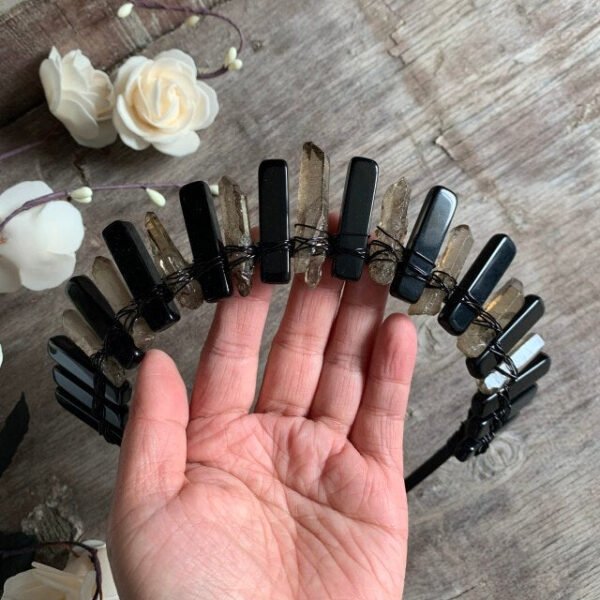 Witch crown natural obsidian piece moon crown raw crystal crown headband Wicca party accessories gift
