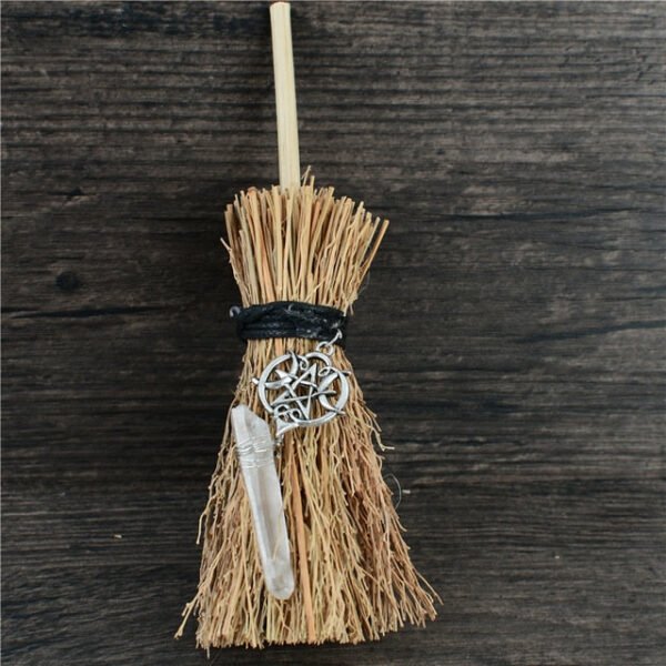 Dust Removal Broom Wicca Celtic Pentagram Mini Witch Broom Witchcraft Accessories Raw Crystal Wicca Altar Broom