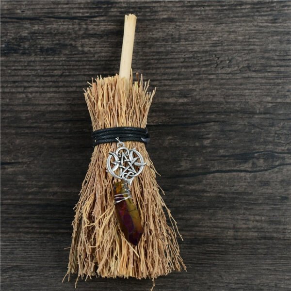 Dust Removal Broom Wicca Celtic Pentagram Mini Witch Broom Witchcraft Accessories Raw Crystal Wicca Altar Broom
