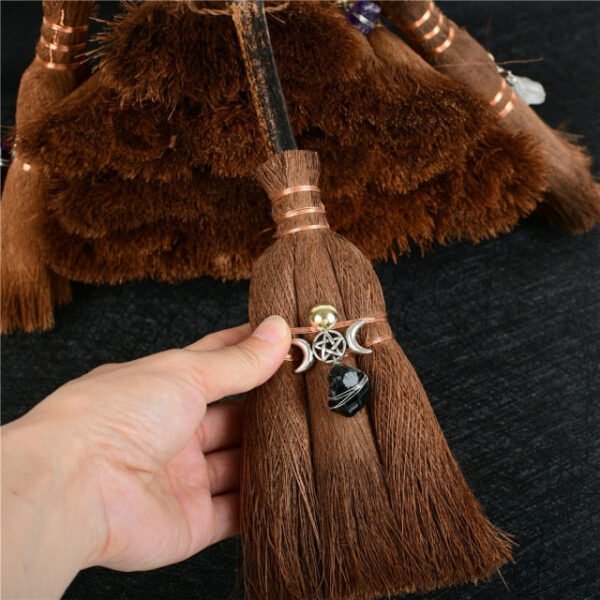 Dust Removal Broom Wicca Celtic Pentagram Mini Witch Broom Witchcraft Accessories Raw Crystal Wicca Altar Broom