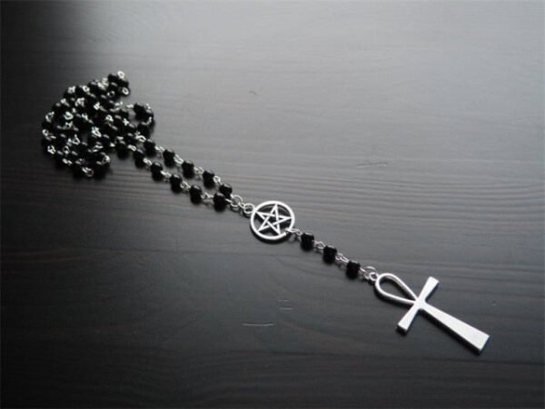 Ankh and Pentagram Rosary Necklace , Wicca, Pagan Rosary Black Beads Charm Jewelry