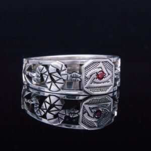 Freemason Eye of Providence Geometric Ring with Red Cubic Zirconia
