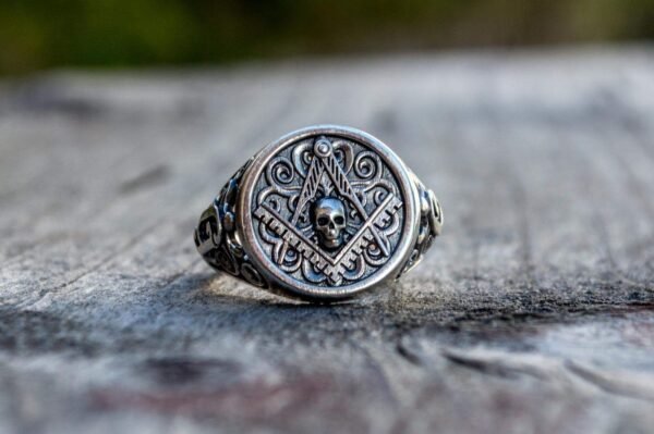 Freemason Skull Square & Compass with Ornament Sterling Silver Ring