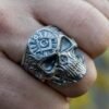 Freemason Skull Sterling Silver Ring with Square & Compass Symbol