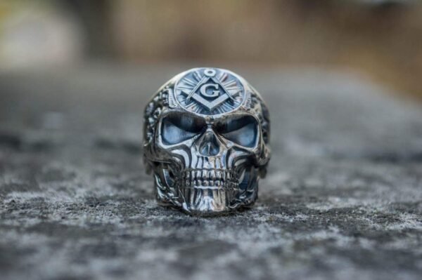 Freemason Skull Sterling Silver Ring with Square & Compass Symbol