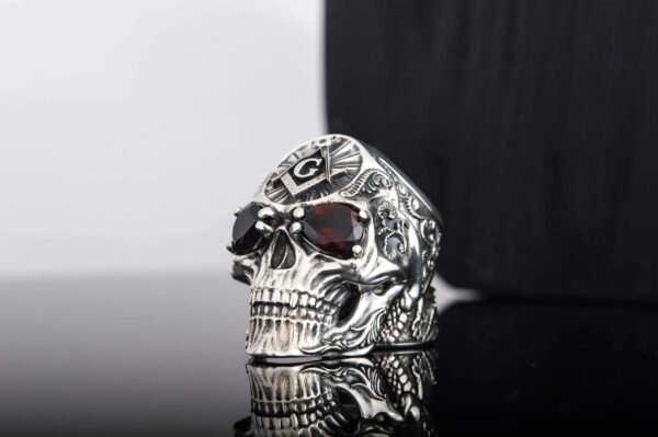 Freemason Skull Sterling Silver Ring with Square & Compass Symbol