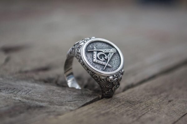 Freemason Square & Compass with Masonic Symbols Sterling Silver Ring