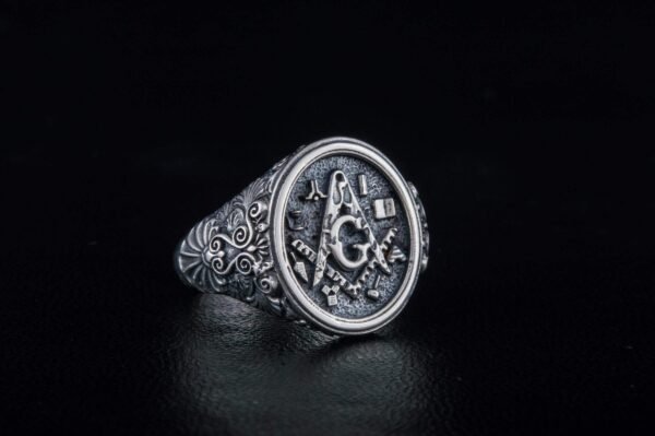 Freemason Square & Compass with Masonic Symbols Sterling Silver Ring
