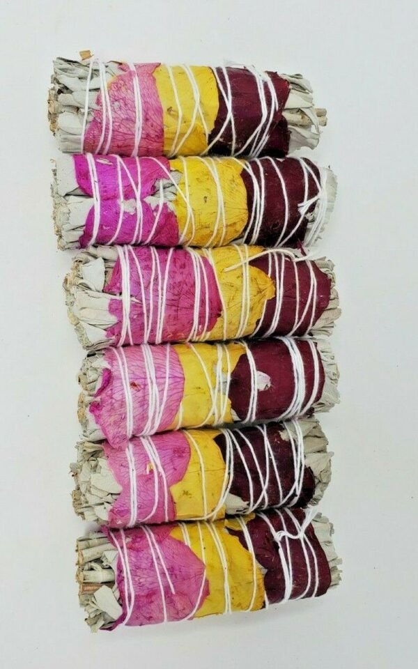 Palo Santo & Sage~10 Pack California White Sage Smudge Sticks w/ Rose Petals 4" Negativity Removal