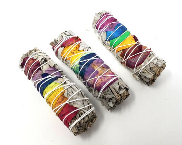 Palo Santo & Sage~7 Chakra Sage (White Sage with 7 Color Rose Petals) 3-4" Smudge Stick. (3 PACK)