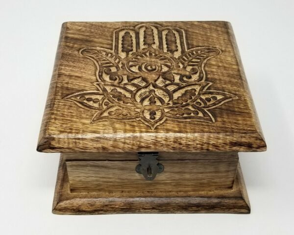Wicca & Paganism~Lotus Hamsa Hand Wooden Carved Box, 4 x 6", Hand Carved, Brand New