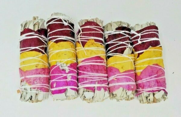 Palo Santo & Sage~5X California White Sage Smudge Sticks with Rose Petals 4" Negativity Removal