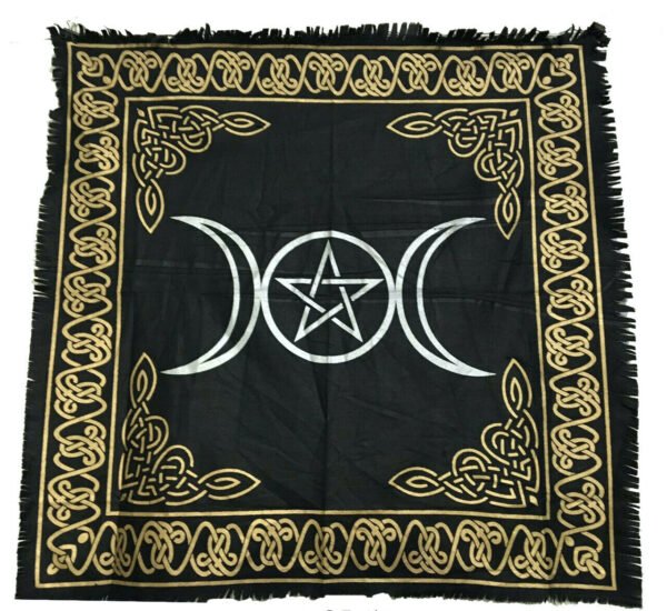 Witchcraft~Black, Gold & Silver Triple Moon Pentagram Altar Cloth 24" X 24" Pagan Wicca