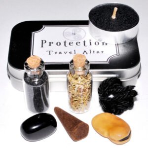 Magic Candle~Protection Mini-Altar Travel Tin Kit: Candle Herbs Crystals Stones Spell Bottles