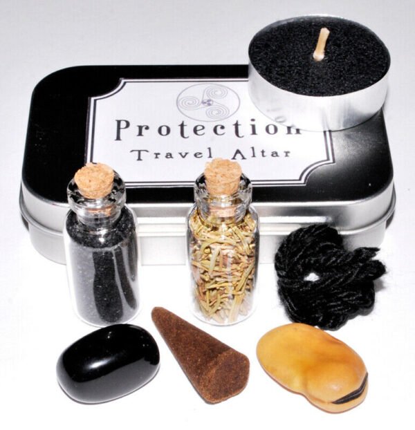 Magic Candle~Protection Mini-Altar Travel Tin Kit: Candle Herbs Crystals Stones Spell Bottles