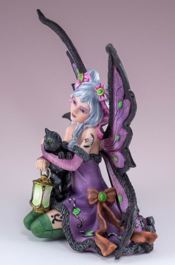 Fairy Collection~Purple Night Fairy With Lantern and Black Cat Figurine 6" High Resin New