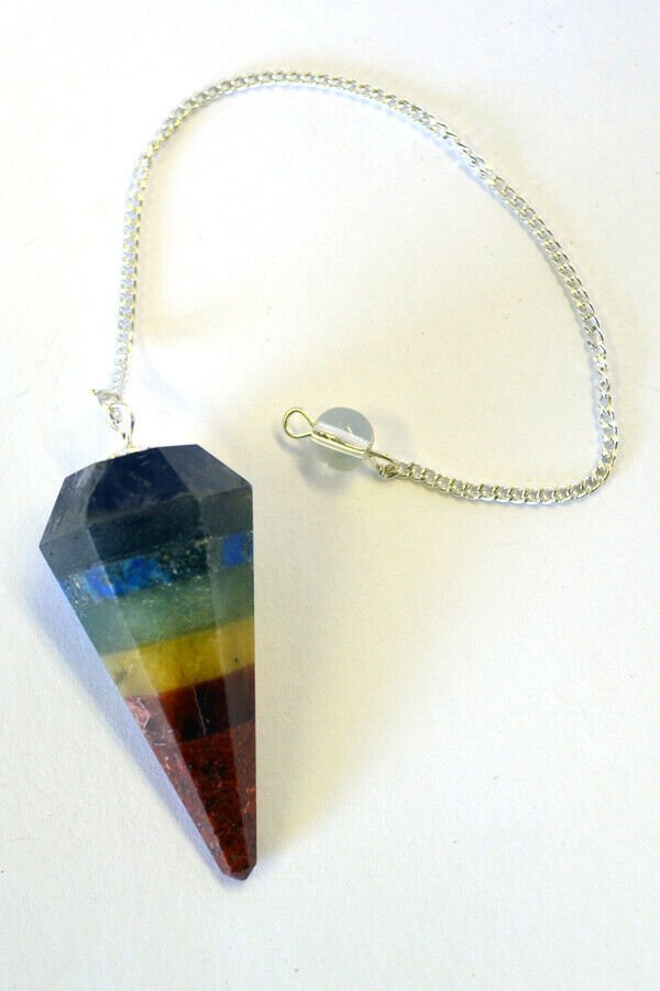 Magicun Stone~Seven Chakra Bonded Pendulum 1.75"L with Chain, Faceted (Natural Crystal Stone)
