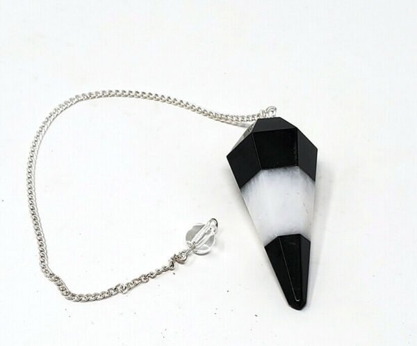 Magicun Stone~Turmuline & White Agate Pendulum w/ Chain, Faceted (Natural Crystal Stone)