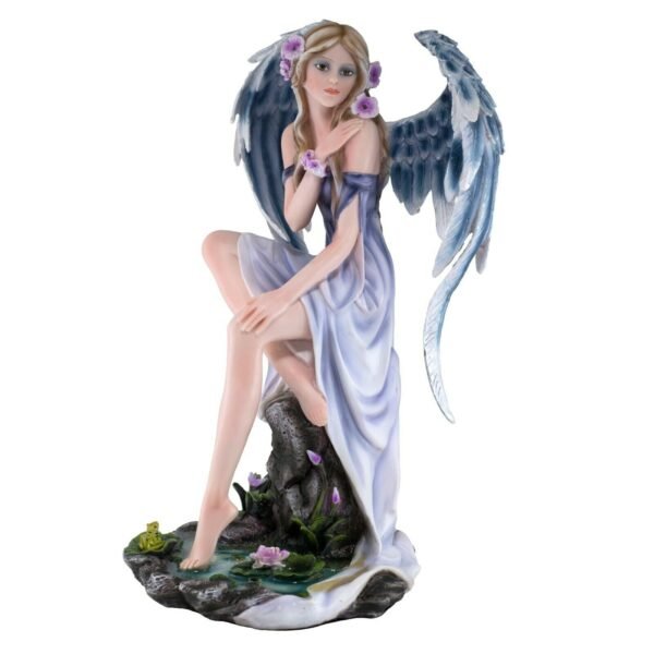 Fairy Collection~Blue Angel In Pond w/ Frog Figurine Statue Feather Wings 13.25" High Fairy New