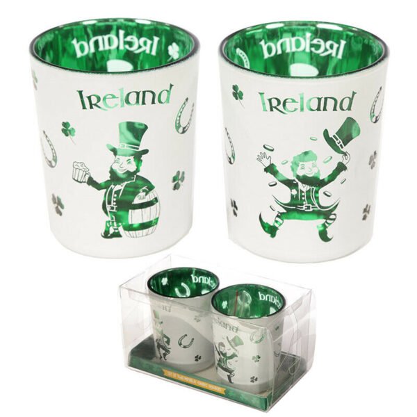 Home Decor~Lucky Leprechaun Ireland Set of 2 Glass Tea Light Votive Holders