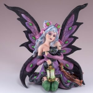 Fairy Collection~Purple Night Fairy With Lantern and Black Cat Figurine 6" High Resin New