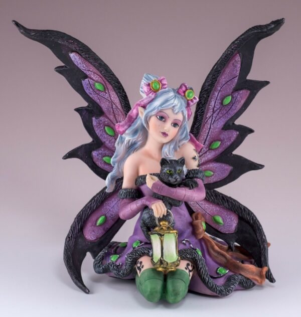 Fairy Collection~Purple Night Fairy With Lantern and Black Cat Figurine 6" High Resin New