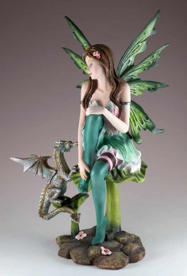 Fairy Collection~Green Fairy With Little Dragon On Mushroom Figurine 10" High Resin Statue New
