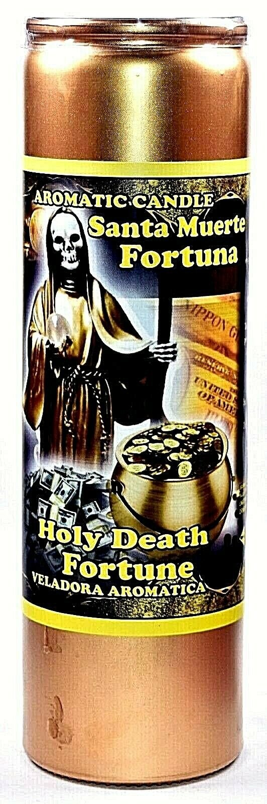 CANDLE COCKTAIL VELADORA HOLY DEATH FORTUNE-MUERTE FORTUNA PAINTED GOLD