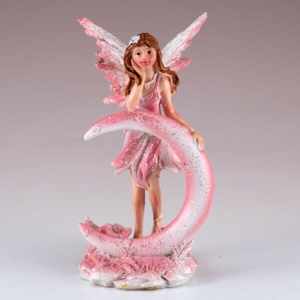 Fairy Collection~Mini Pink Fairy Standing With Moon Figurine 4" High Sparkly Glitter Resin New!