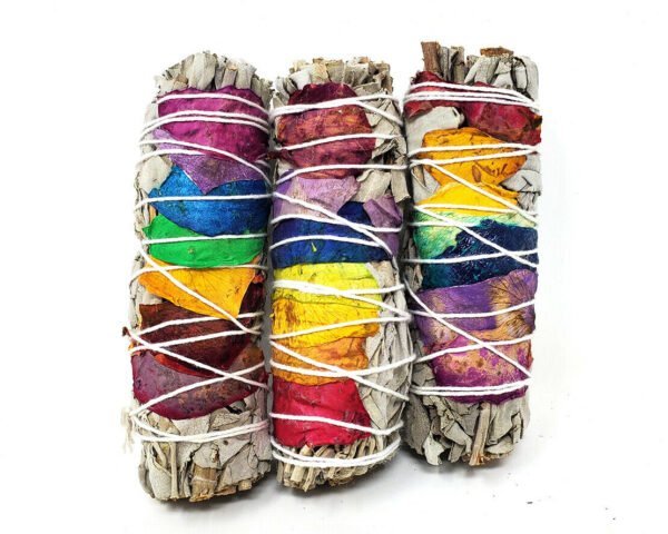 Palo Santo & Sage~7 Chakra Sage (White Sage with 7 Color Rose Petals) 3-4" Smudge Stick. (6 PACK)