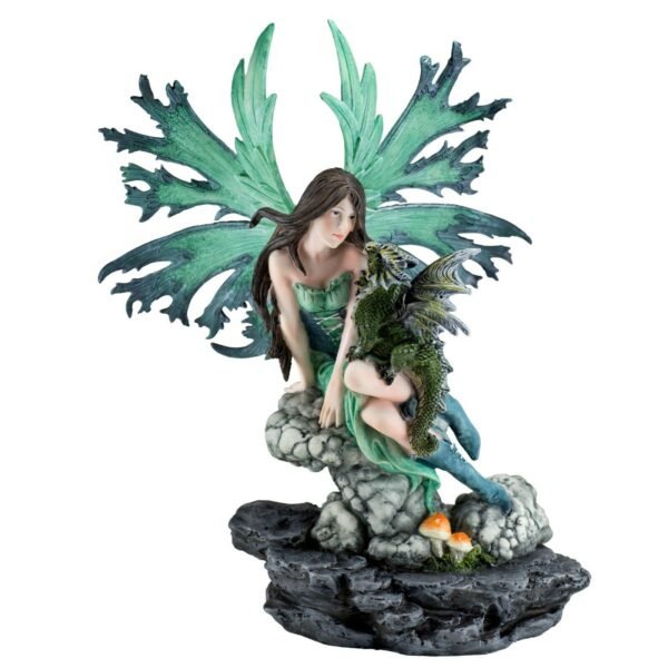 Fairy Collection~Green Fairy On Rock With Dragon Figurine Statue 12.25"H Detailed Resin New