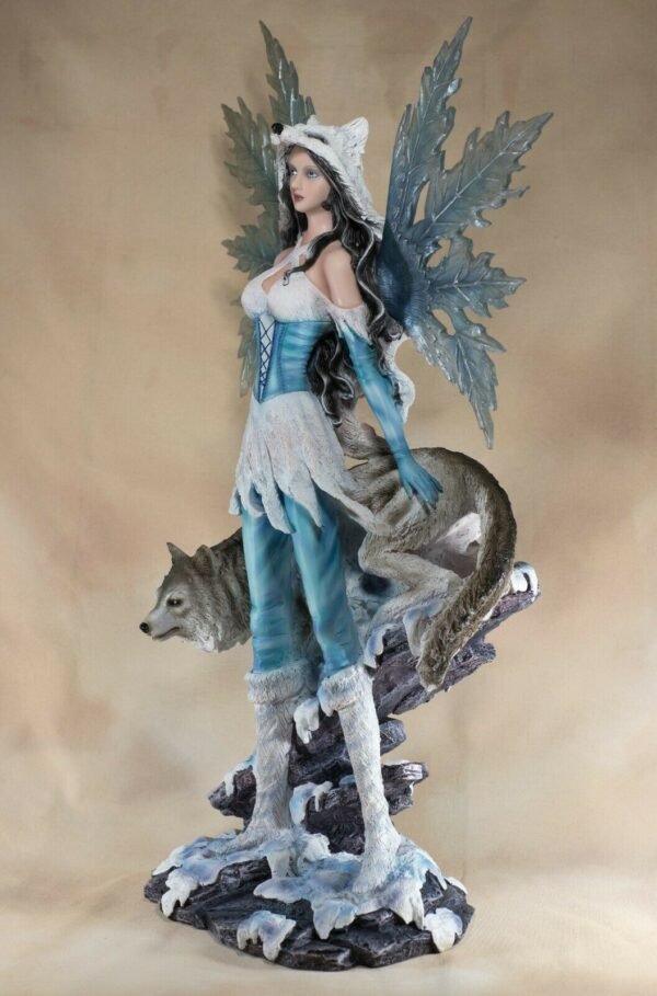 Fairy Collection~Large Scale Blue Winter Fairy With Wolf Figurine 25" High Resin Statue New!
