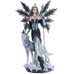 Fairy Collection~Large Scale Fairy Holding Wand With Wolf Figurine Statue 23" High New!