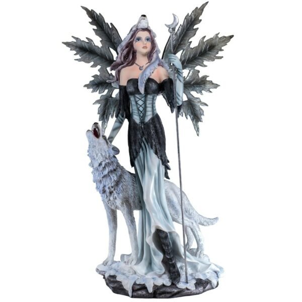 Fairy Collection~Large Scale Fairy Holding Wand With Wolf Figurine Statue 23" High New!