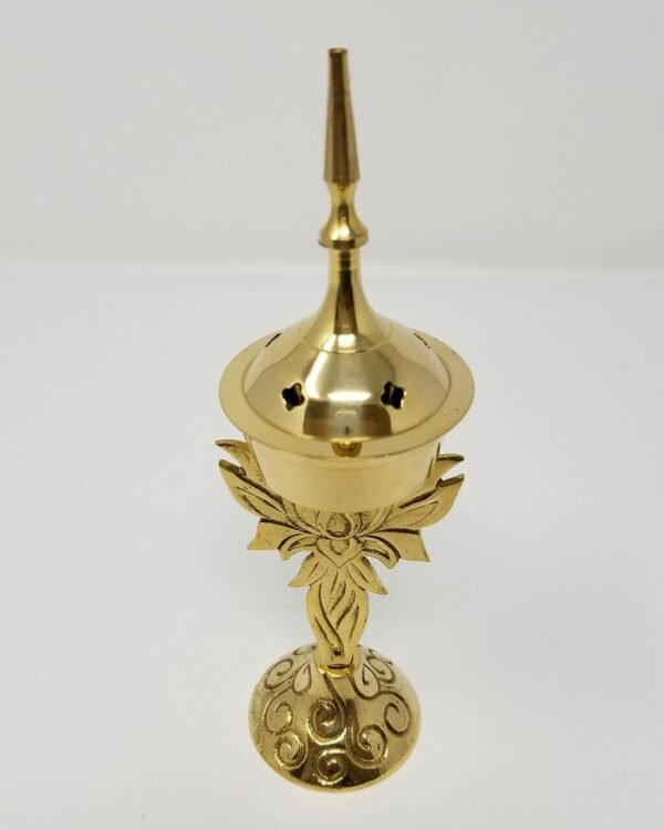 Home Fragrances ~Brass Cone Lotus Design Burner Tower 7.5"H  Standing Incense Charcoal Burner