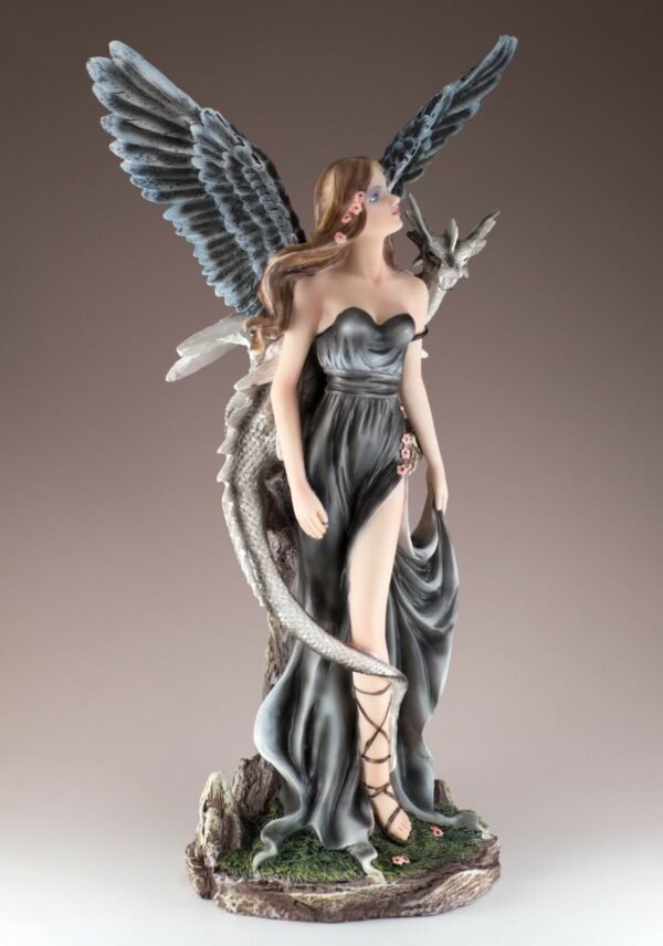 Fairy Collection~Dark Angel Fairy With White Dragon Figurine Statue Feathered Wings 14.75"H New
