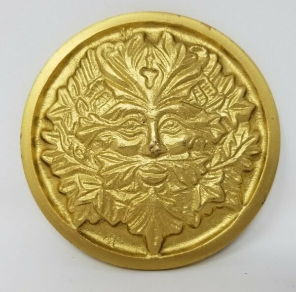 Wicca & Paganism~Solid Brass GREEN MAN Altar Tile Wicca Gold Finish 3.5" Round