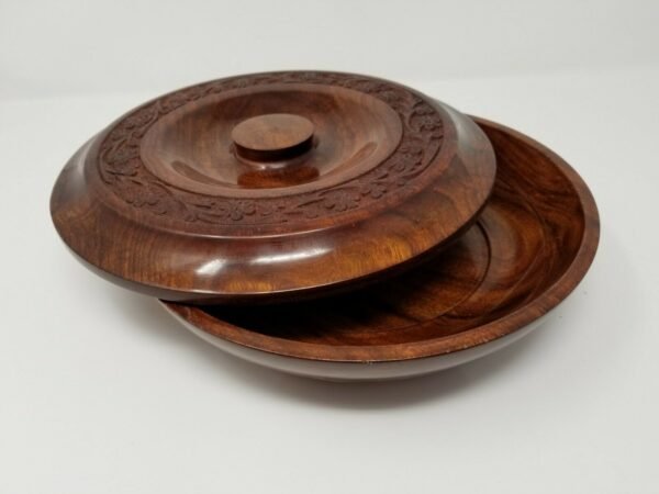 Wicca & Paganism~Carved Wooden Offering Bowl w/ Lid 10" Handmade Wood Round Floral Design