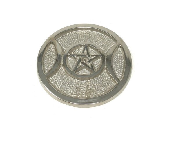 Witchcraft~Silver Tone Triple Moon Pentagram Pentacle Altar Tile Plate 3.5" Pagan Wicca