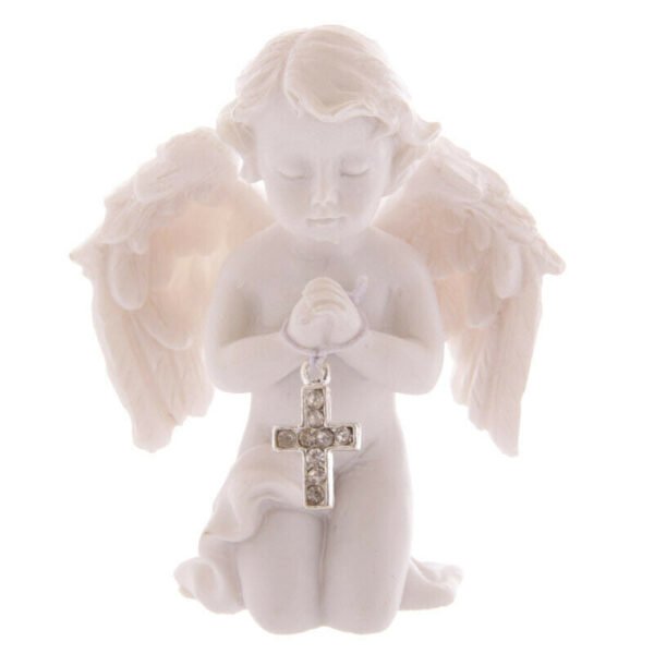 Home Decor~Cute Praying Cherub Figurine Holding Jewelled Silver Cross Ornament Gift Novelty