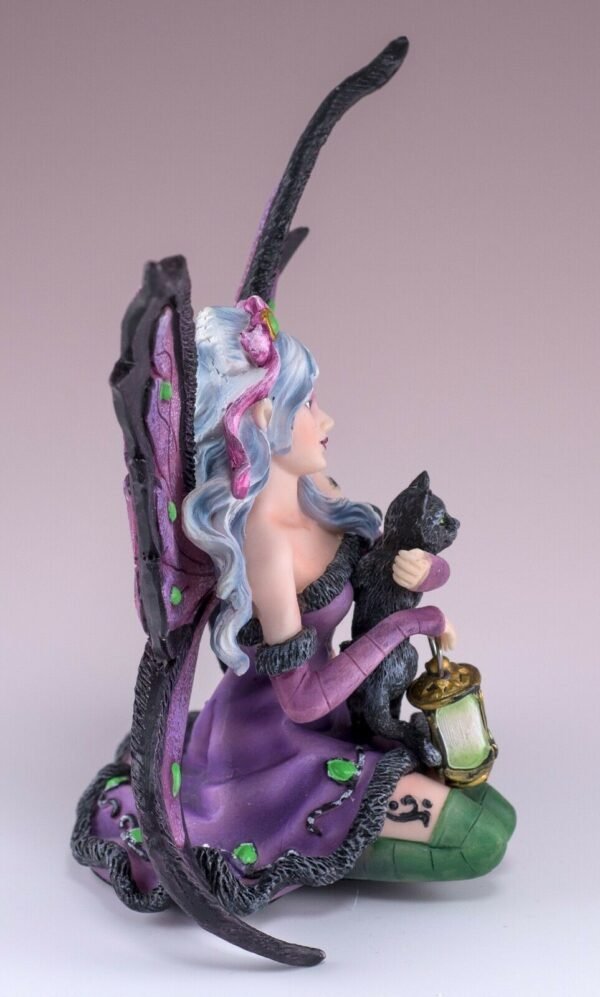 Fairy Collection~Purple Night Fairy With Lantern and Black Cat Figurine 6" High Resin New