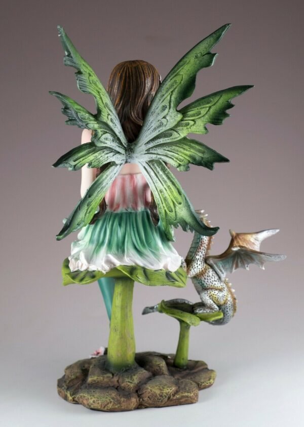 Fairy Collection~Green Fairy With Little Dragon On Mushroom Figurine 10" High Resin Statue New