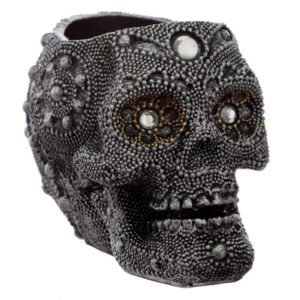 Home Decor~Small Black / Silver Fantasy Beaded Skull Shaped Tea Light Candle Holder
