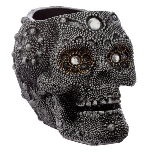 Home Decor~Small Black / Silver Fantasy Beaded Skull Shaped Tea Light Candle Holder