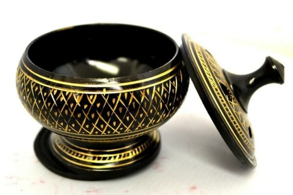 Home Fragrances ~Black Carved Brass Burner Stick Incense 3"D 3.5"H w/ Wooden Coaster & Lid