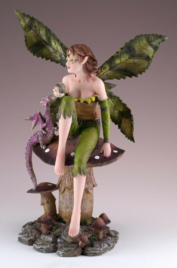 Fairy Collection~Green Fairy With Dragon and Crystal Ball On Mushroom Figurine 8.75" High Statue