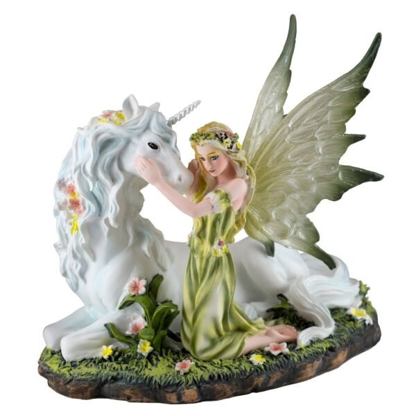Fairy Collection~Green Fairy With Unicorn Laying In Grass Figurine Statue 7" Long Resin New!