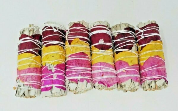Palo Santo & Sage~5 Pack California White Sage Smudge Sticks w/ Rose Petals 4" Negativity Removal